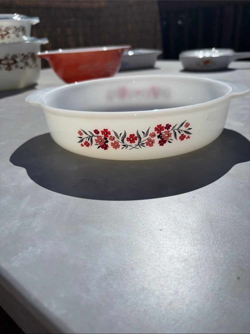 Fire King White Casserole Dish with Red Floral Band